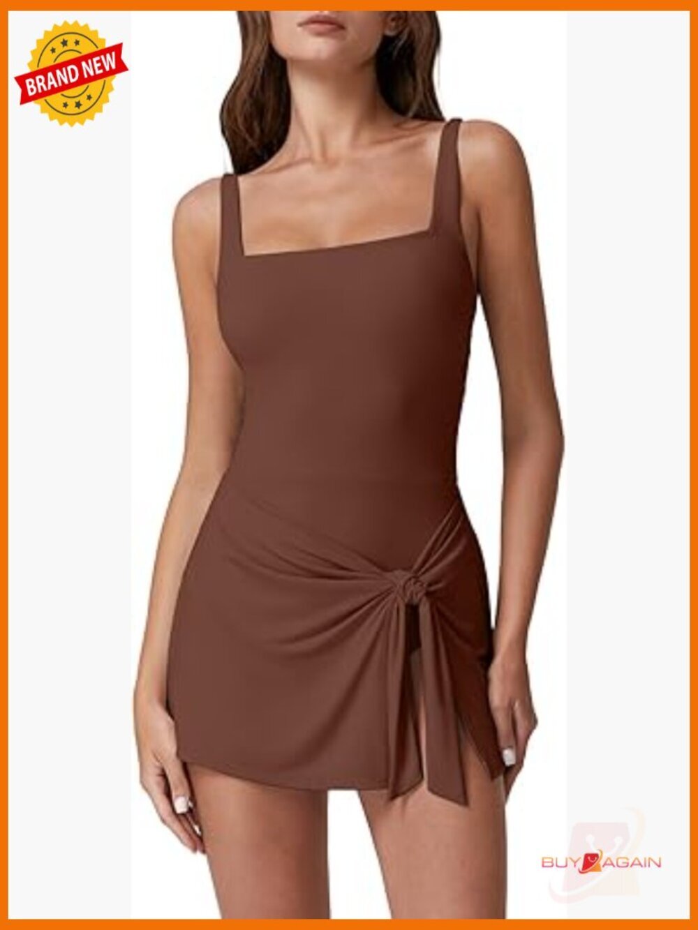 Square Neck Swim Dress Tummy Control One Piece Wrap Bathing Suit